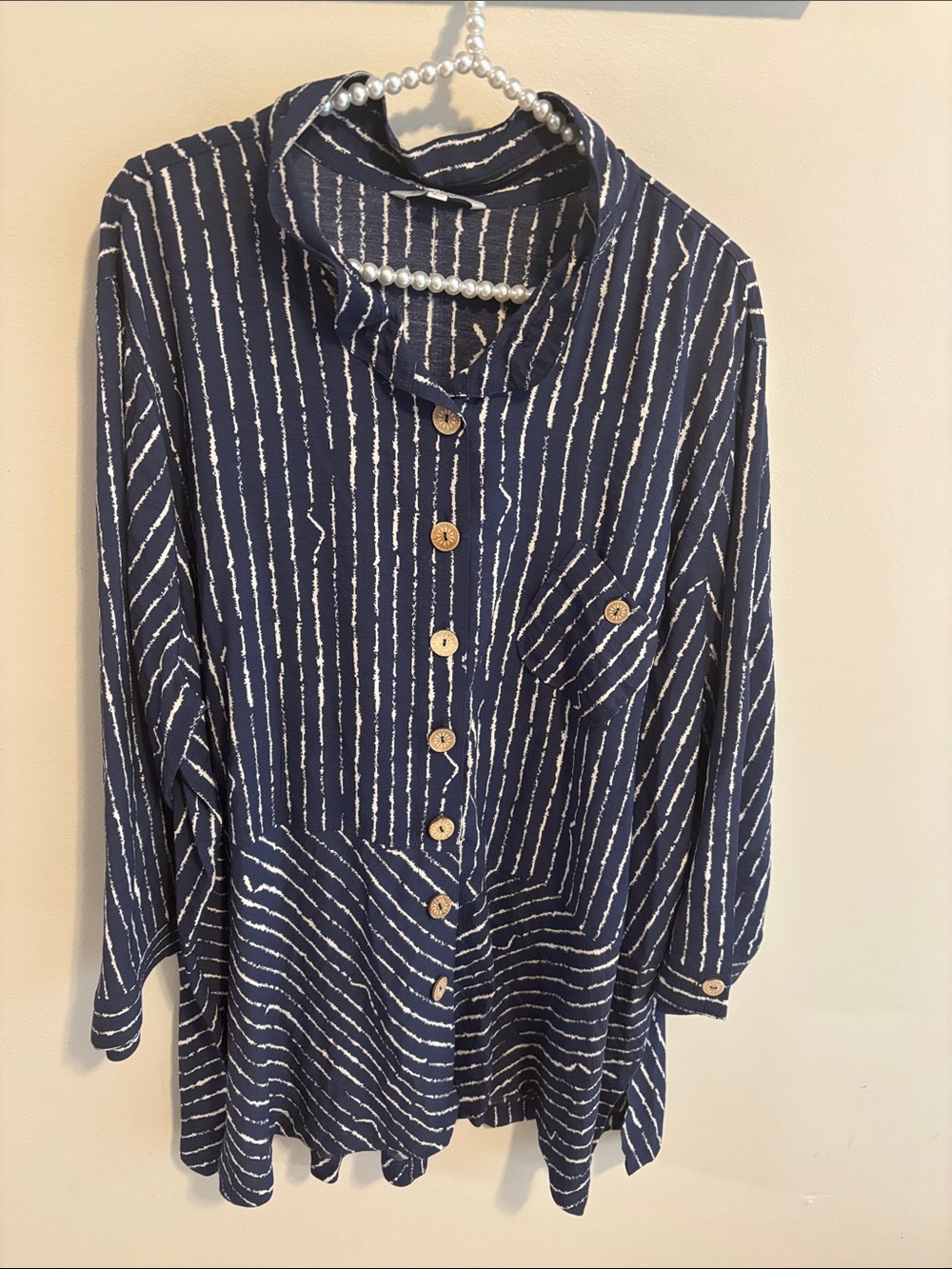 John Mark Tunic Top Shirt Womens 3X Blue White Striped Button Up Rayon Blend